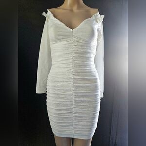 NWT Here Comes The Sun White Off the Shoulder Ruched Bodycon Mini Dress XS